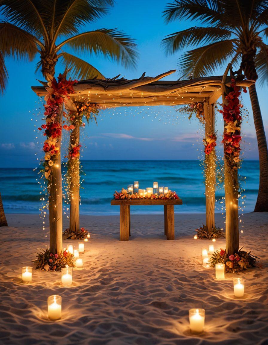 A stunning beach scene with a beautifully set up wedding altar made of driftwood and tropical flowers. In the foreground, a couple is trying on various stylish swimwear, showcasing vibrant colors and designs. The backdrop features golden sand and turquoise waters with palm trees swaying gently in the breeze. Add light, romantic decorations like lanterns and seashells scattered around. vibrant colors. dreamy atmosphere. 3D.